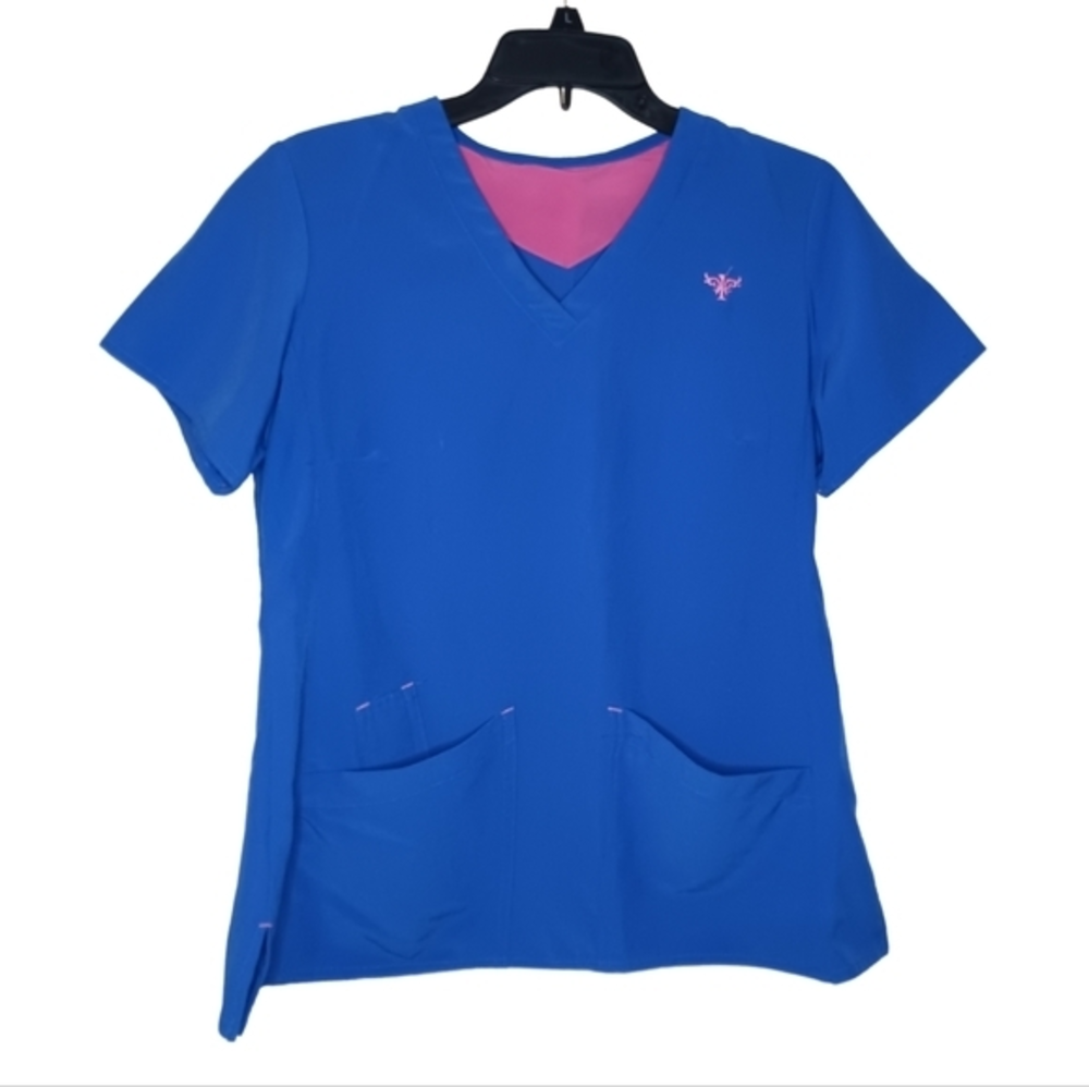 Med Couture Womens Scrub‎ Top size Medium blue with pink stitching